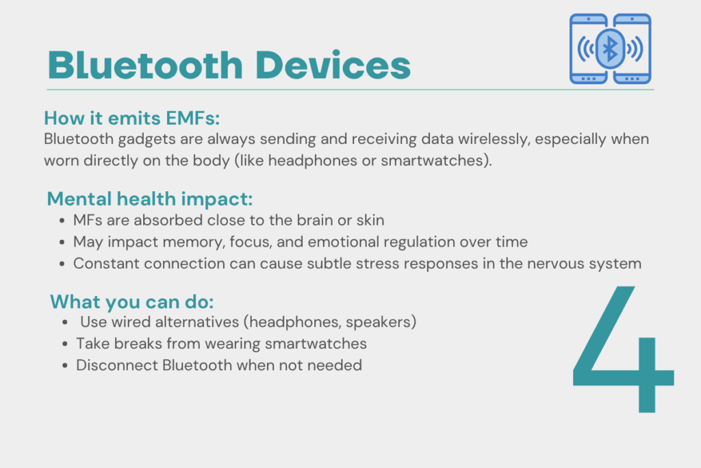 Bluetooth headphones and smart watch emitting EMFs, common household EMF sources near the body